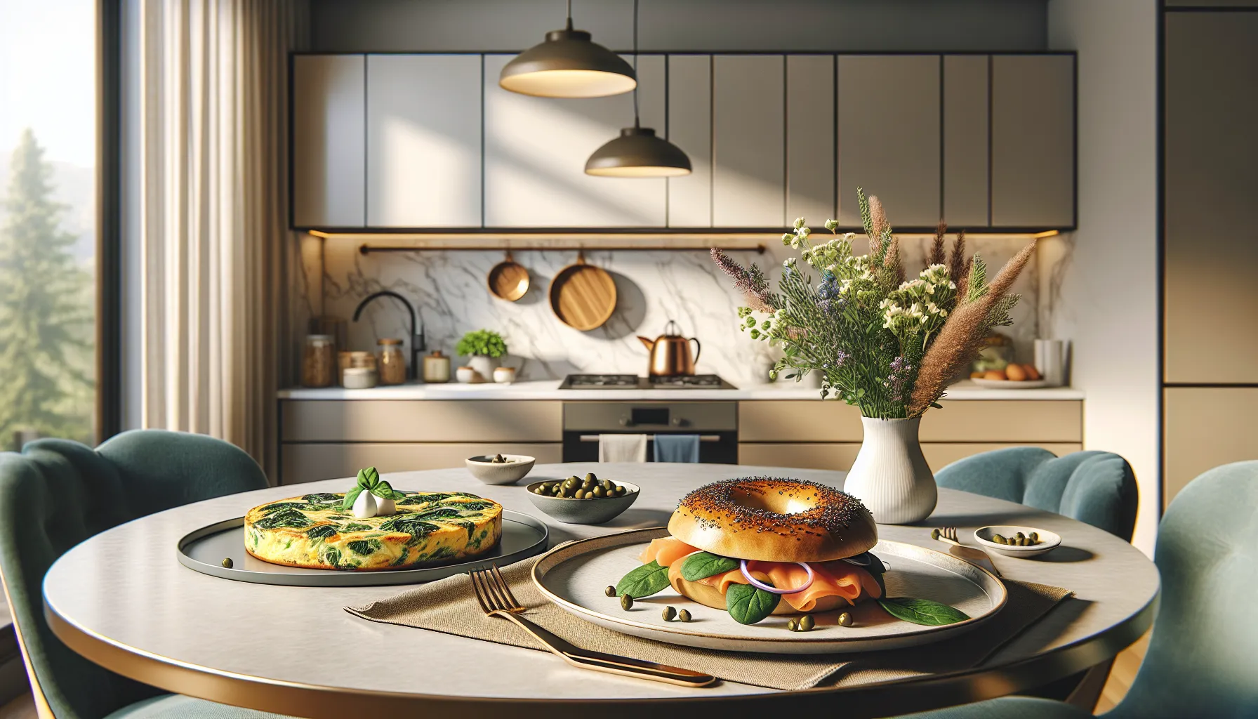 Elegant brunch setup with smoked salmon bagels and spinach frittata.