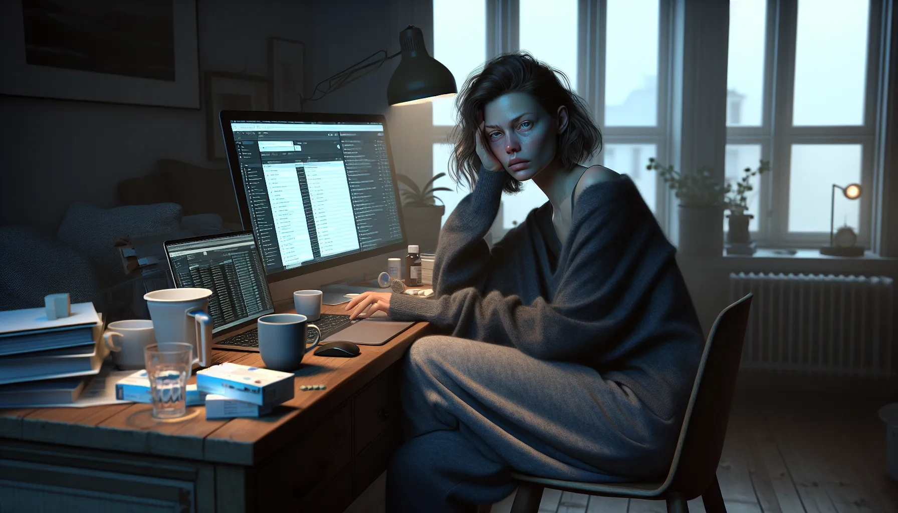 Hvordan stress stjeler energien din – og hva du kan gjøre med det 3 Trøtt kvinne ved skrivebord med mange skjermfaner, tydelig preget av stress.