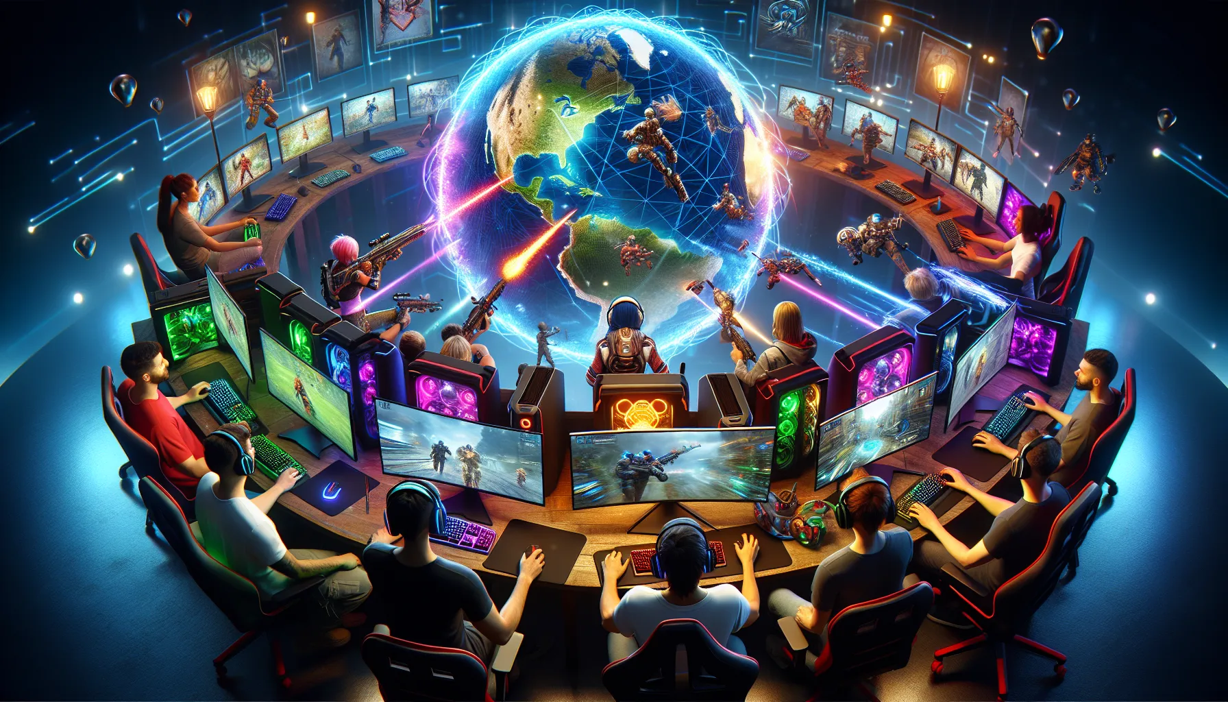 diverse gamers showcasing customized characters in a vibrant gaming environment.