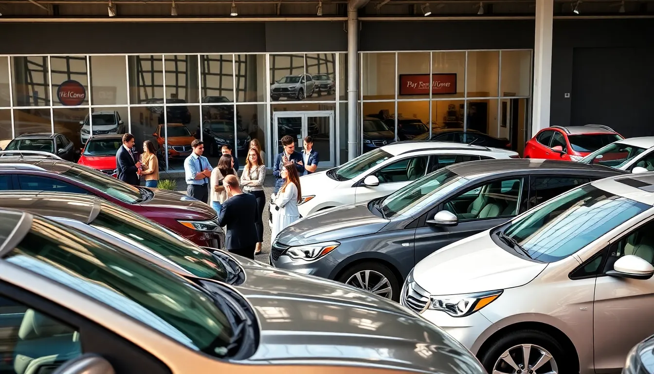 customers interacting with used car dealers at a Pittsburgh dealership.