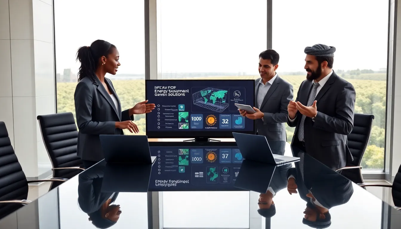 professionals discussing energy solutions in a modern office.