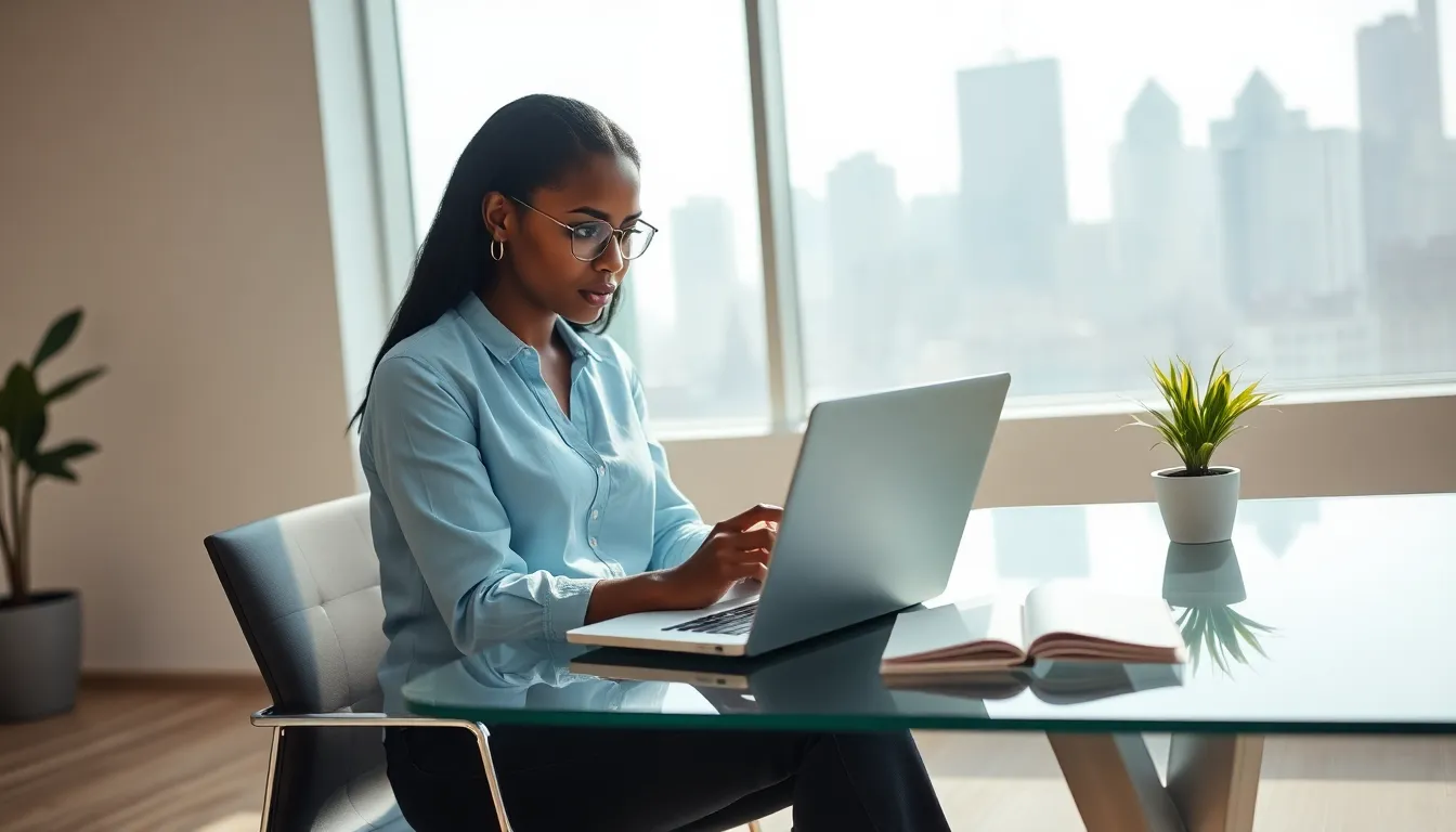 A woman reviewing documents on data privacy in a modern office.