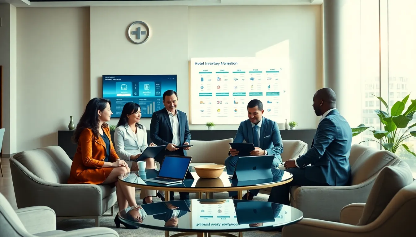 hotel staff discussing inventory management software in a modern lobby.