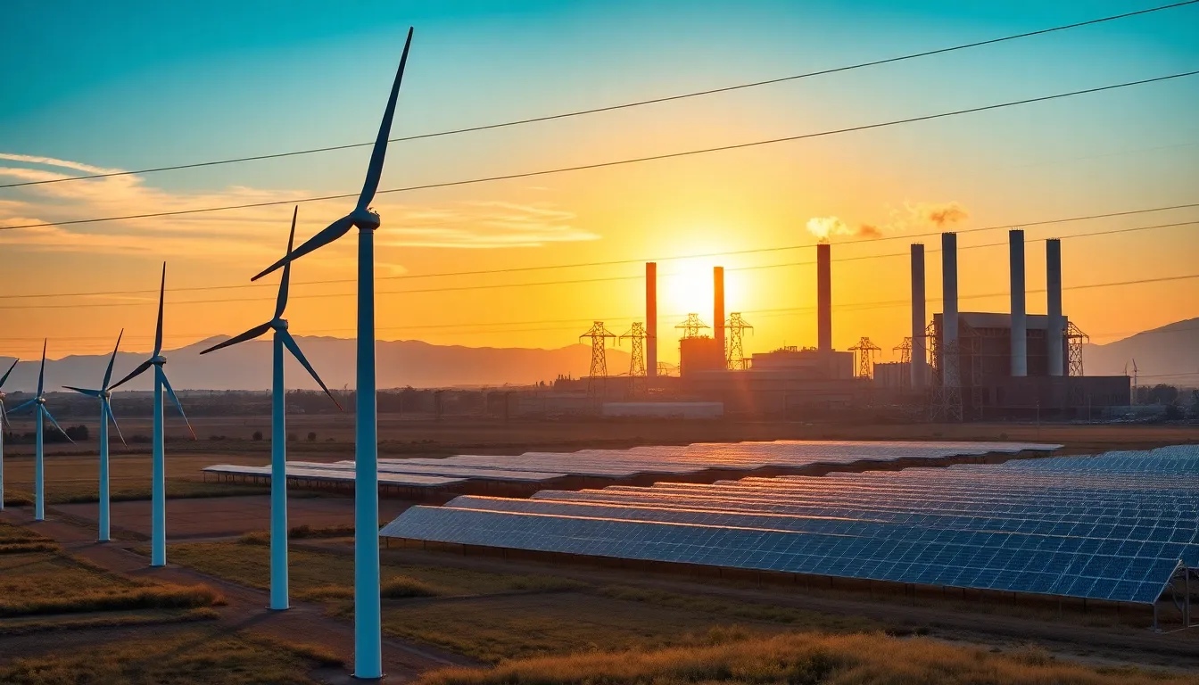 A power plant with wind turbines and solar panels in an American landscape.