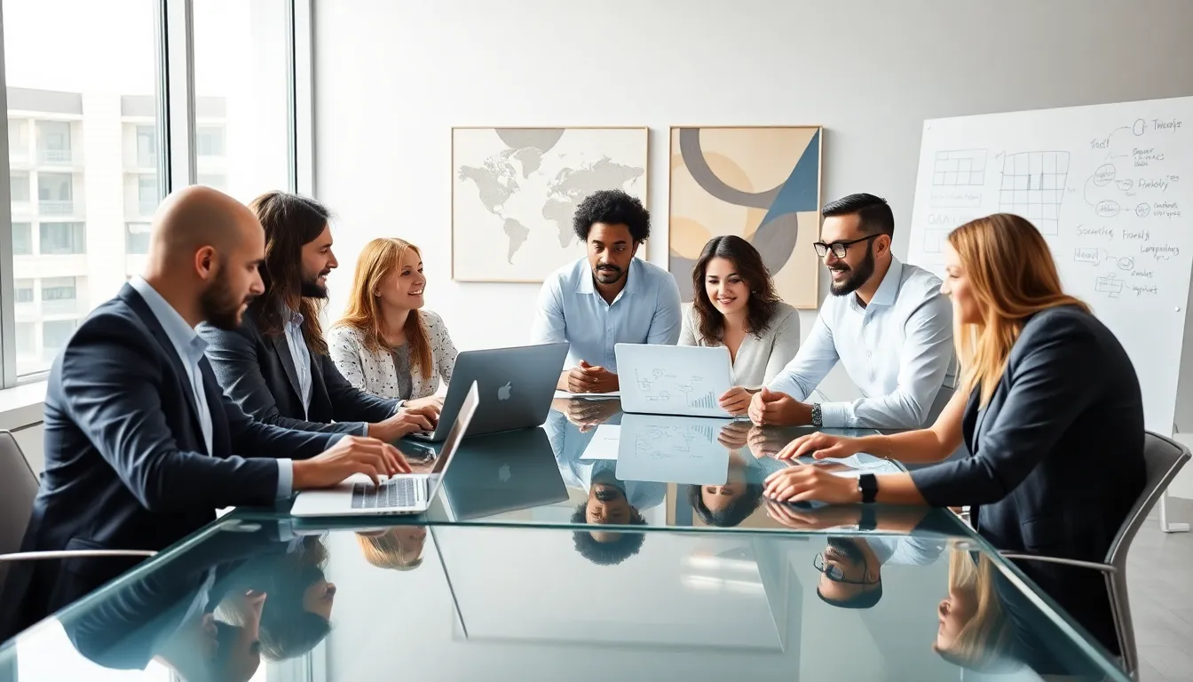 diverse team discussing concepts in a modern office setting.