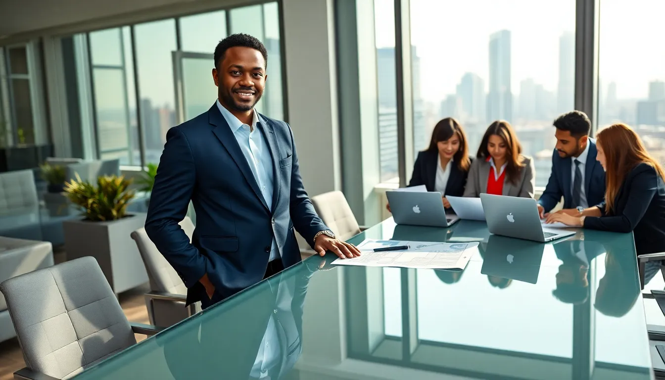 Timothy Williams in a modern office with colleagues discussing real estate.