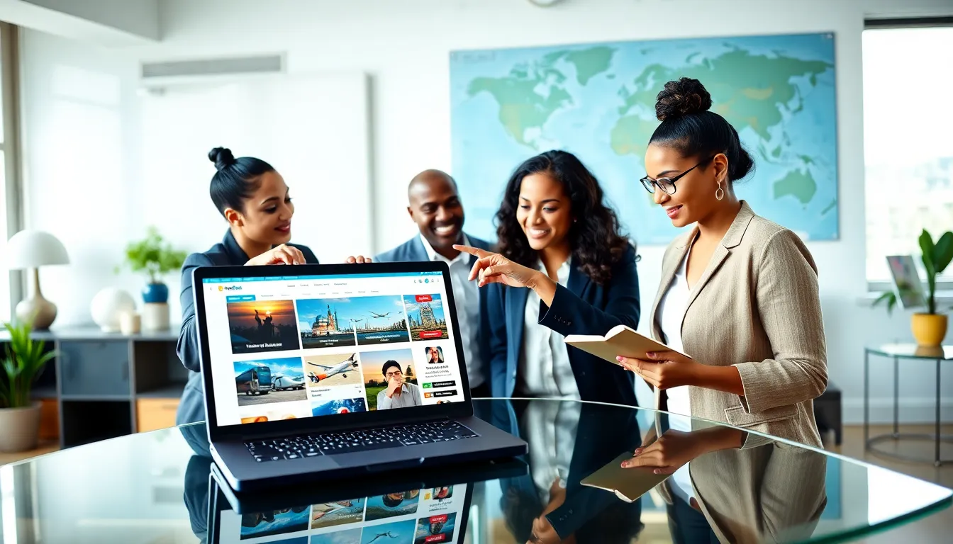 diverse team discussing travel planning at a modern office desk.
