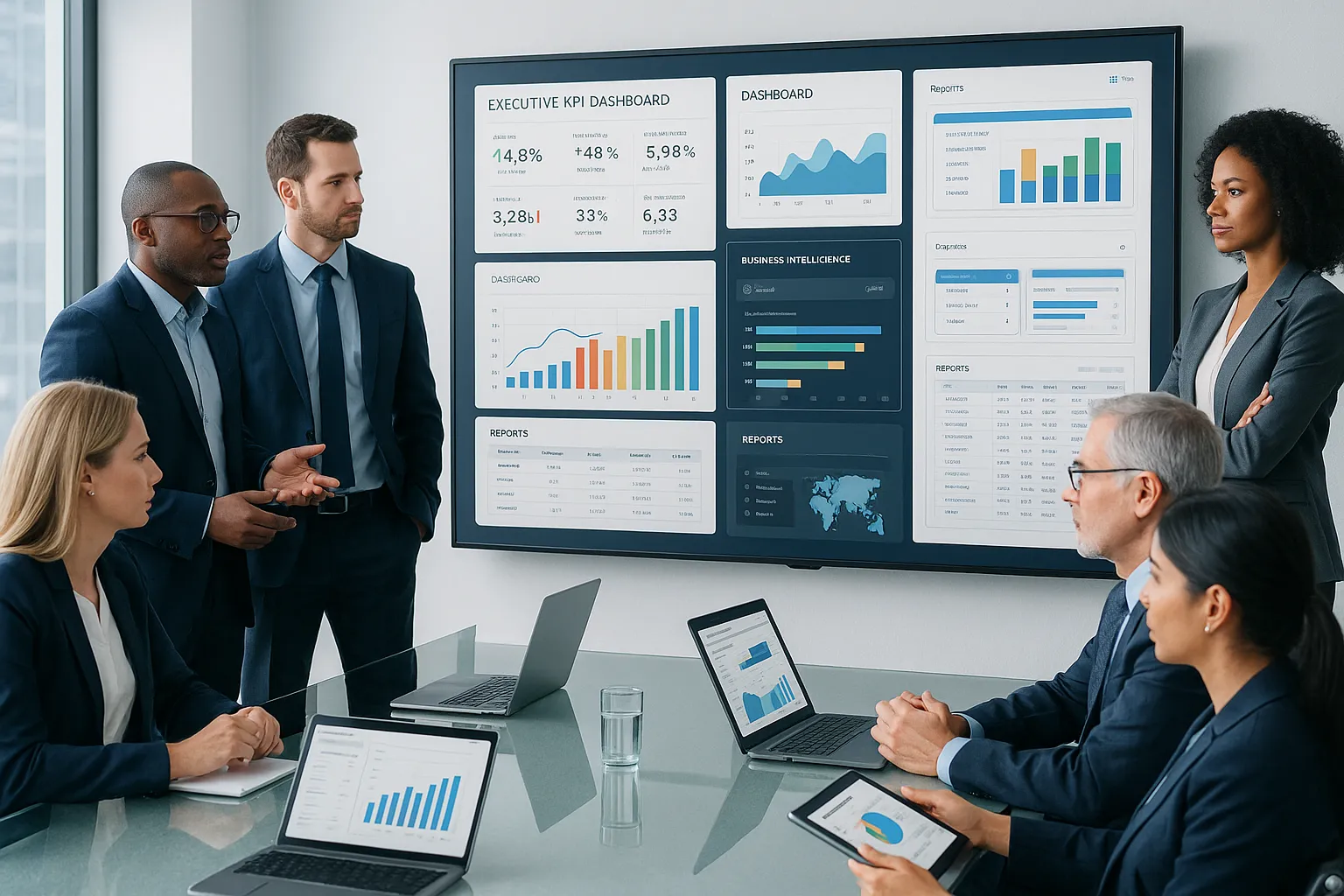 Business team reviewing analytics dashboards and reporting tools in a modern office.