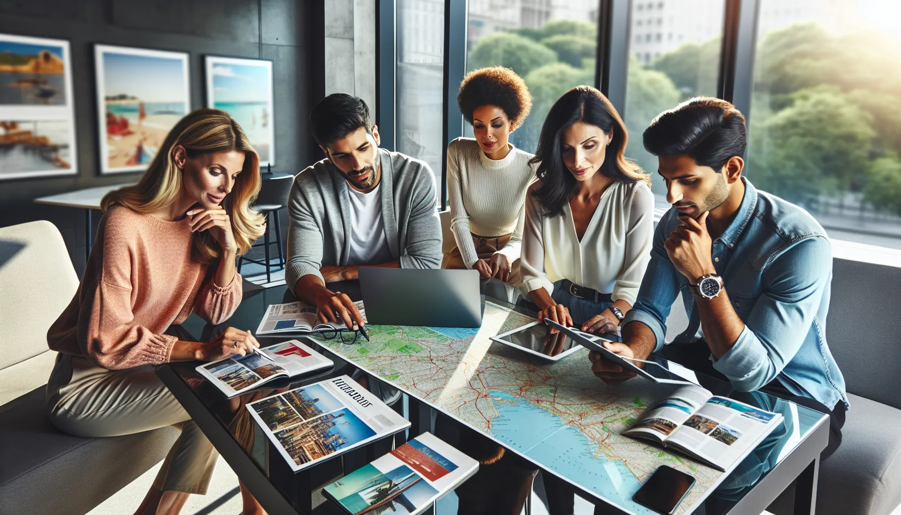 diverse group planning travel in a modern office setting.