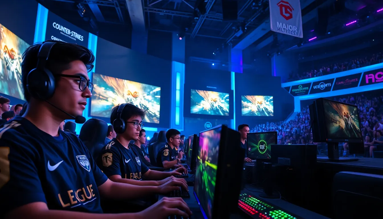 professional gamers in a vibrant esports tournament setting.