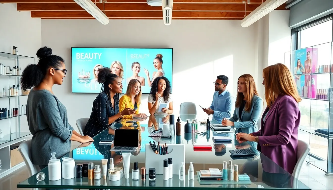 diverse team collaborating in a modern beauty industry office.