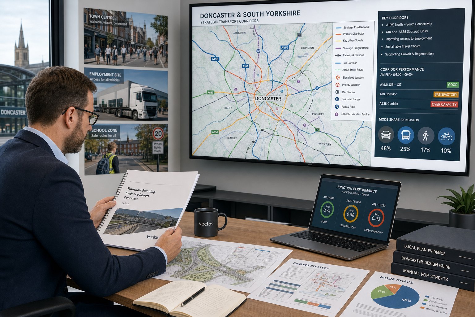 Traffic engineer reviewing Doncaster transport plans and local road network data.