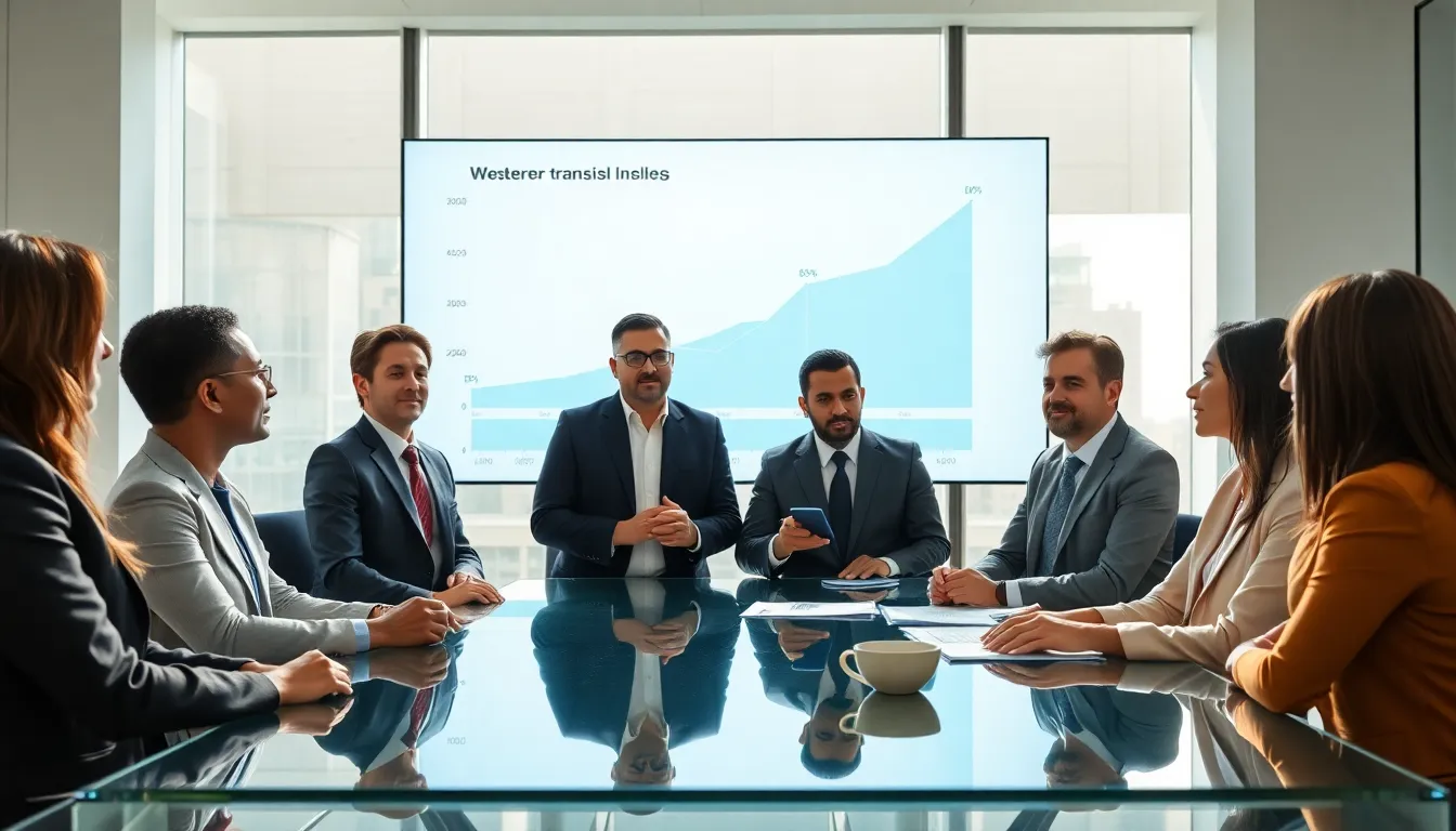 diverse finance team discussing Western Union's financial performance.