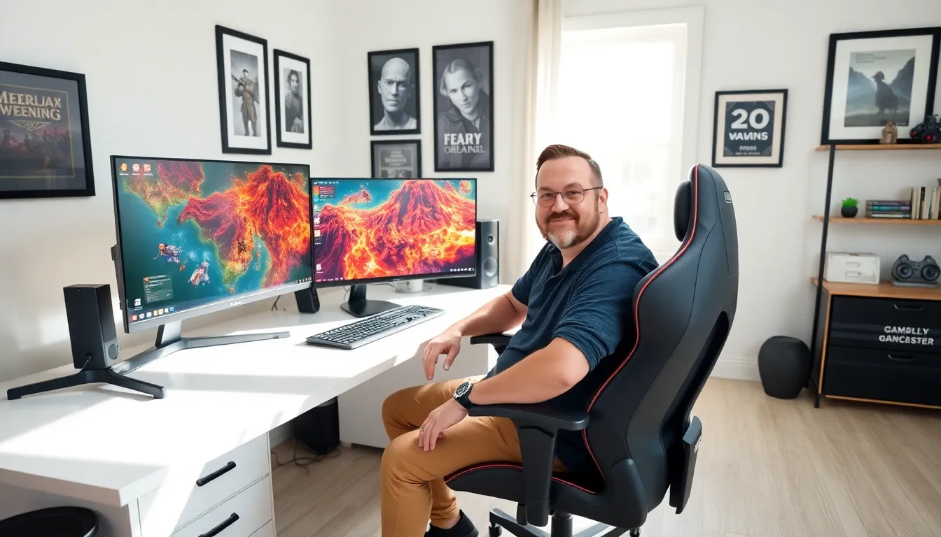Larry, a gaming influencer, in a modern home office with gaming gear.