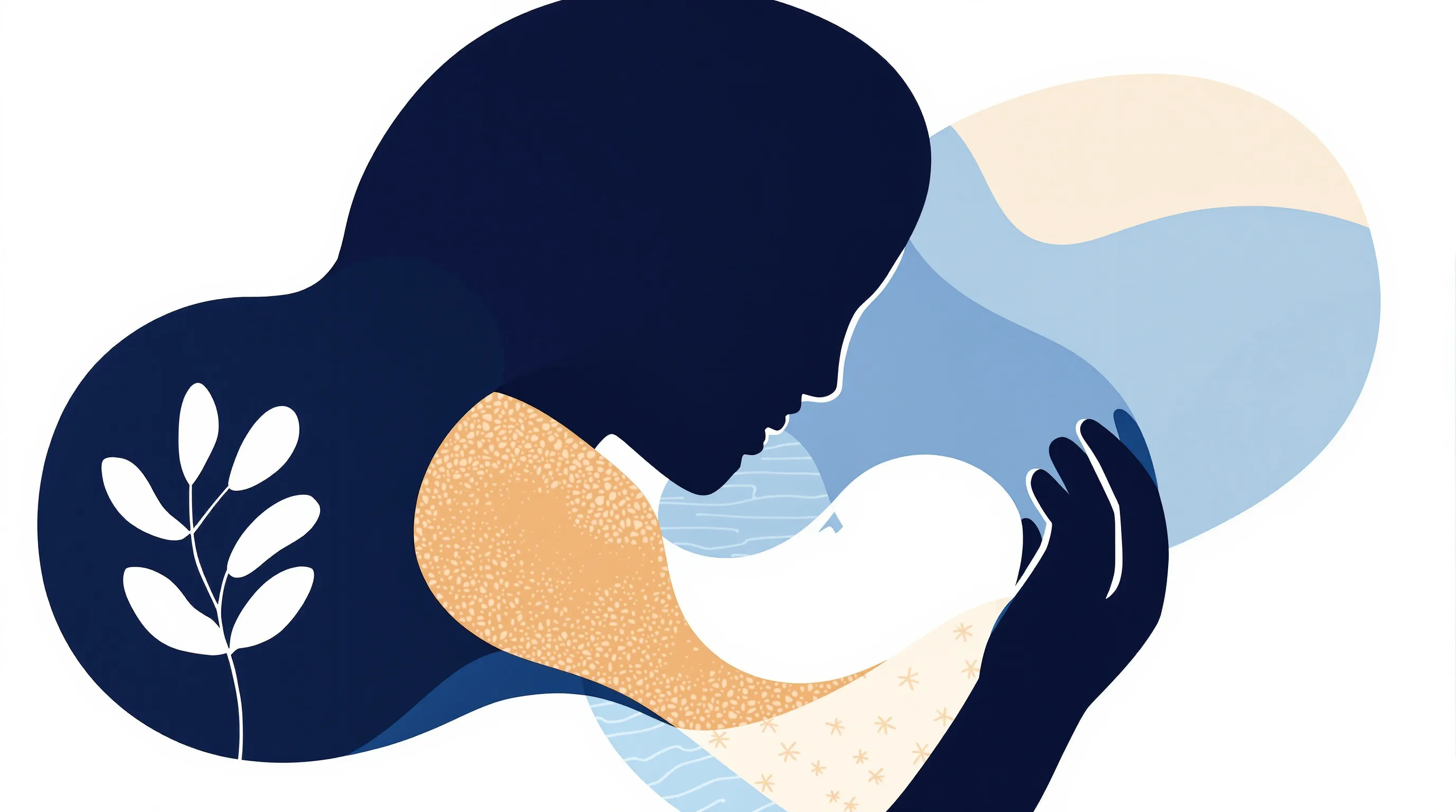 Grandparent silhouette gently holding newborn in minimal flat illustration style.