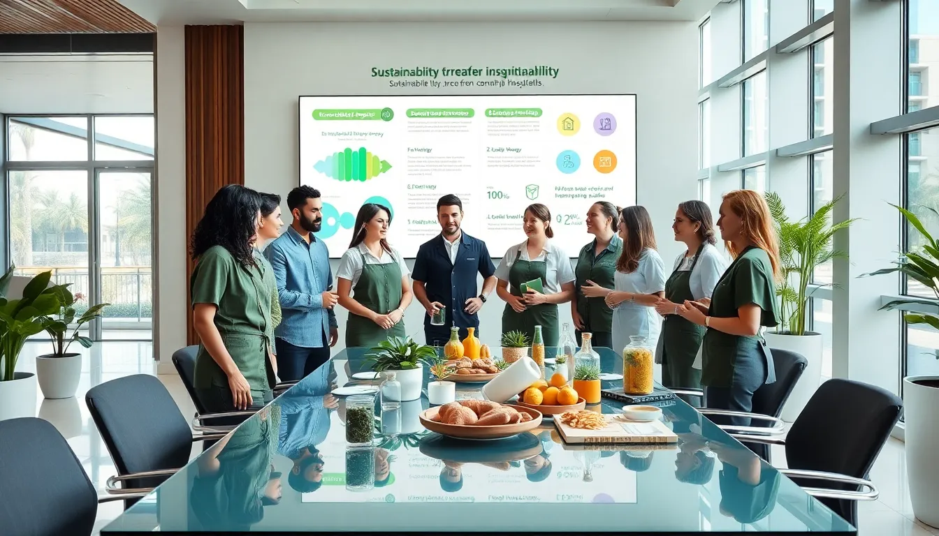 professionals discussing sustainability in a modern hotel lobby.