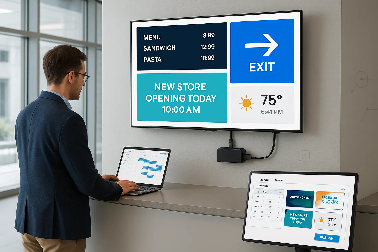 Professional updating digital signage CMS on laptop while screen plays scheduled content.