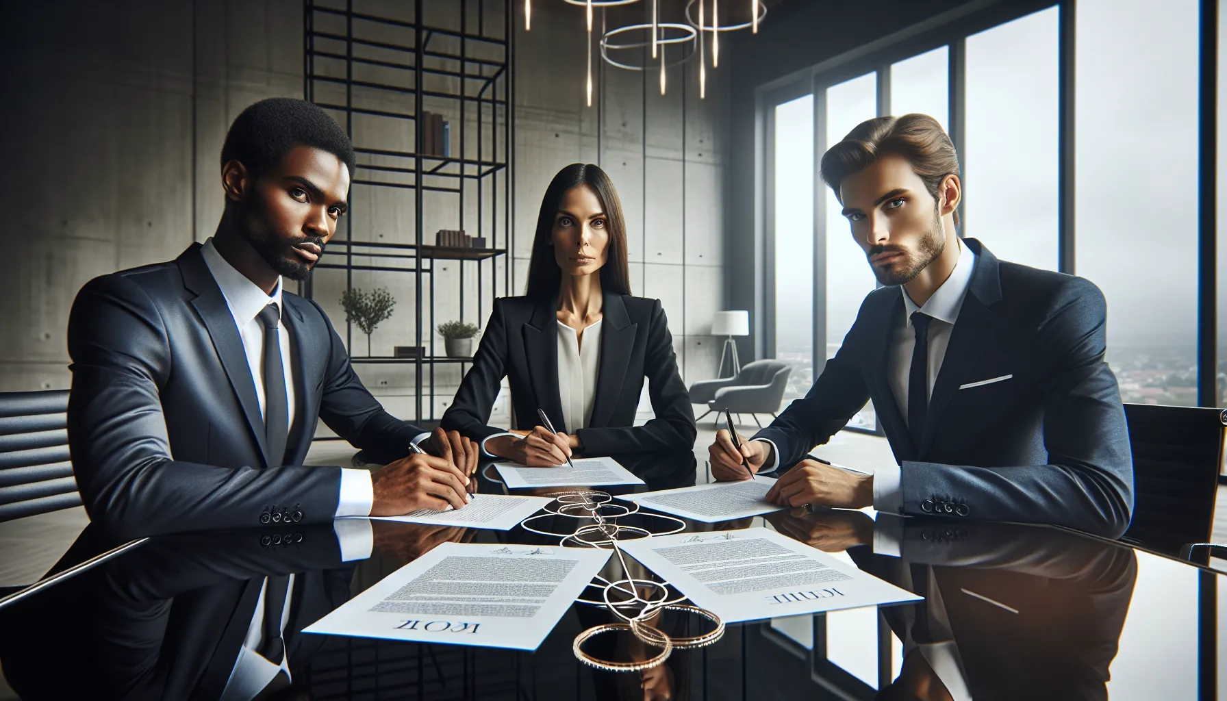 Three professionals reviewing legal documents around conference table representing joint debt responsibility