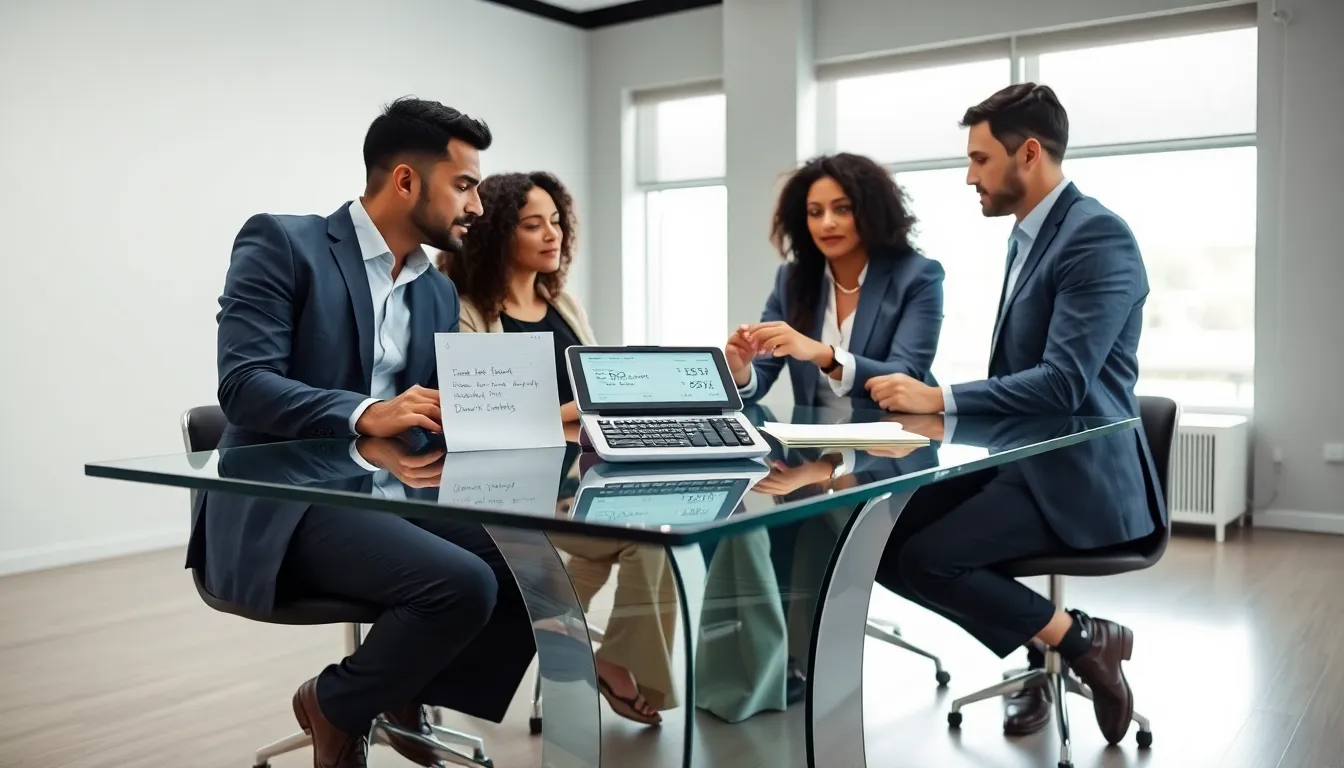professionals discussing land loan calculations in a modern office.