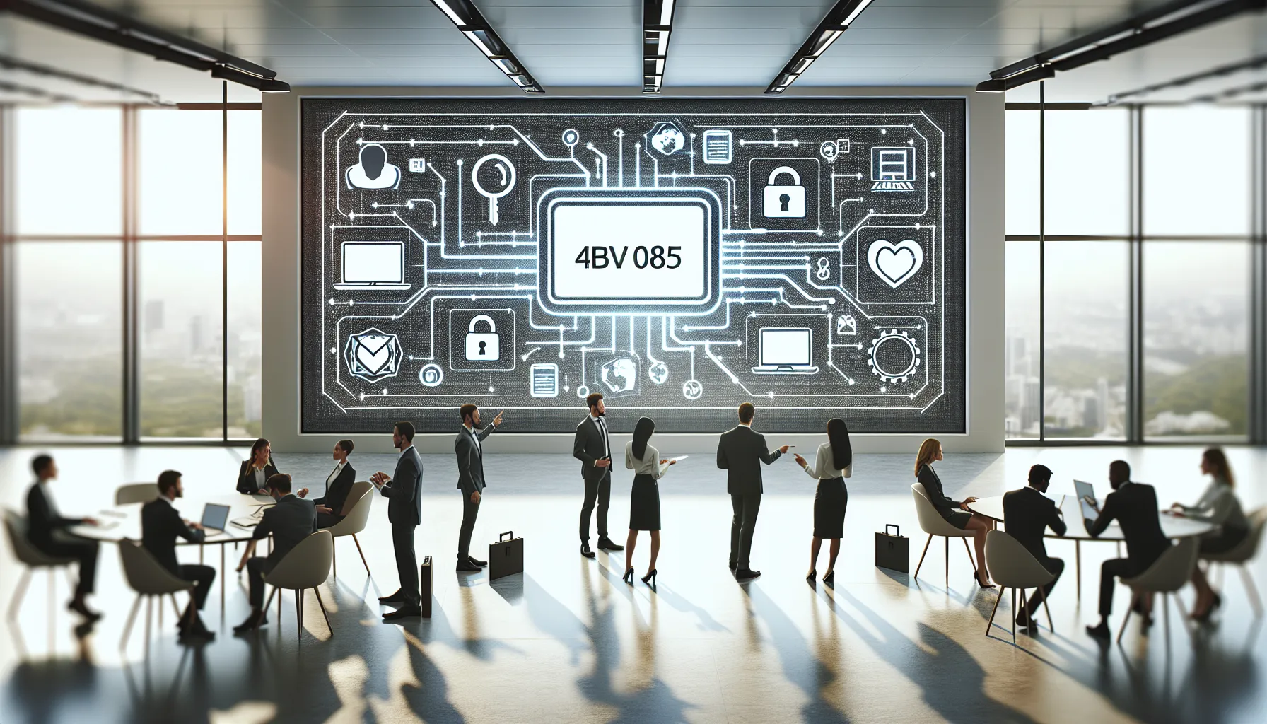 professionals collaborating around a display screen showcasing 4BV085.
