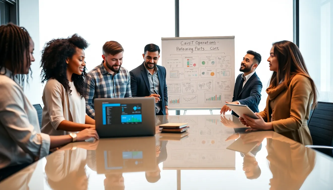 diverse team collaborating on DevOps projects in an office setting.