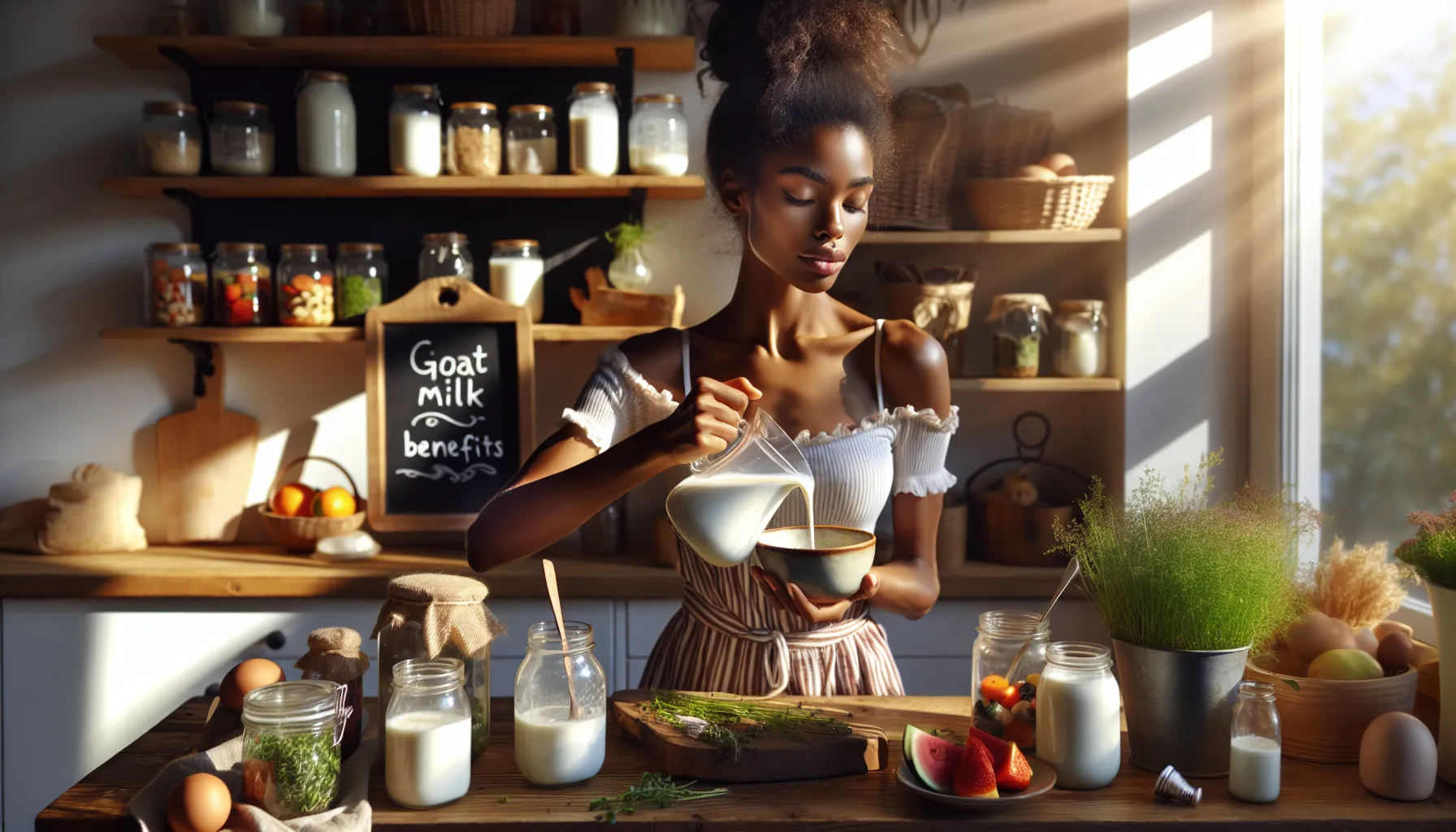a young woman pouring goat milk into a bowl in a sunny kitchen.