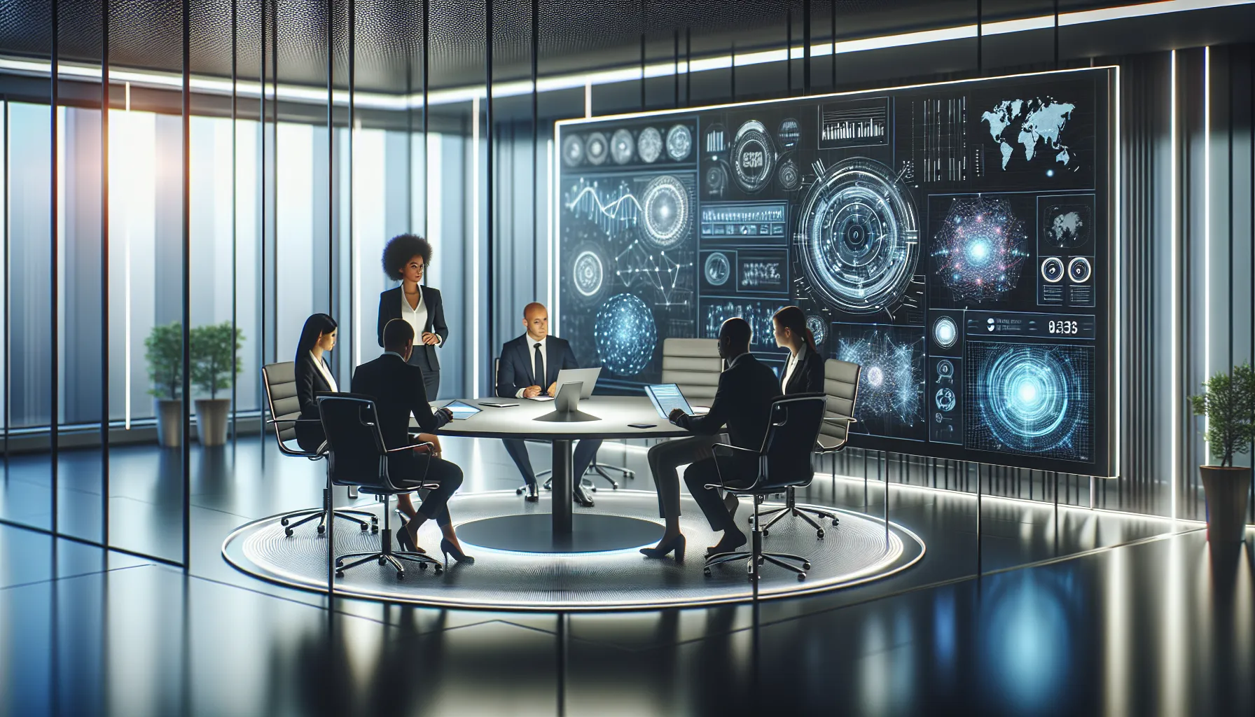 diverse team collaborating on future data technology in a modern office.