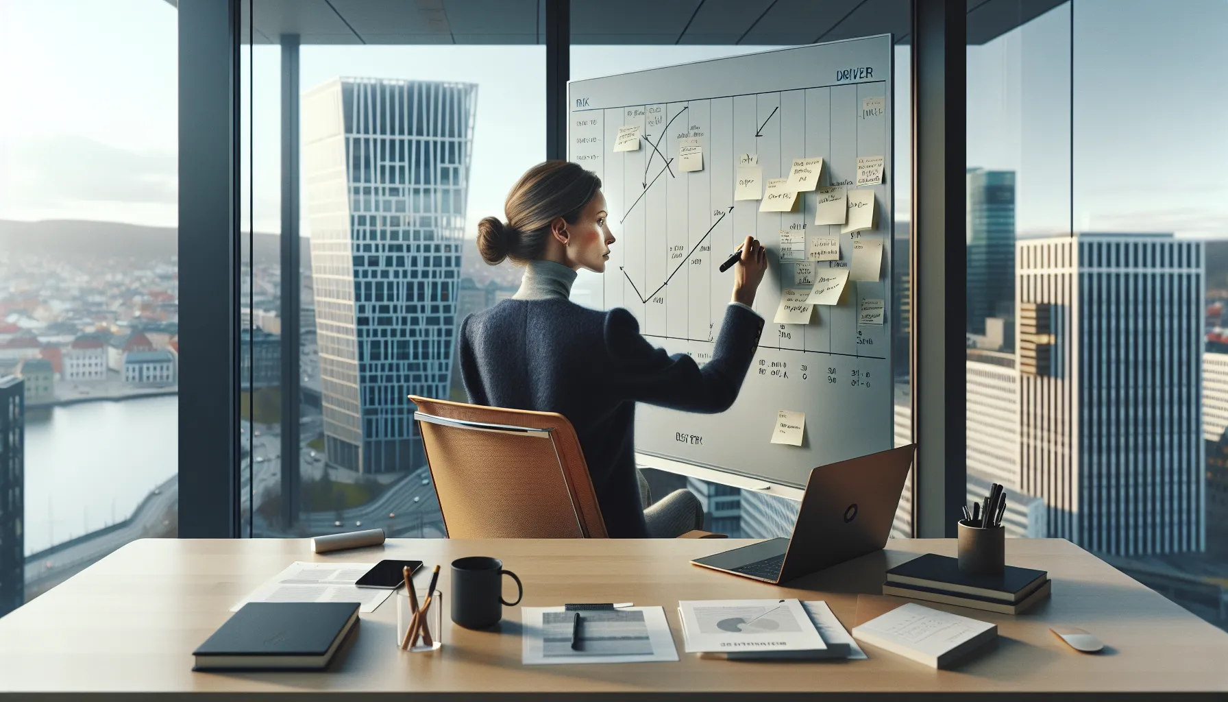 Slik kan entreprenører forberede seg på økonomiske nedgangstider 2 Norwegian entrepreneur plans risk scenarios with laptop and whiteboard in oslo office.