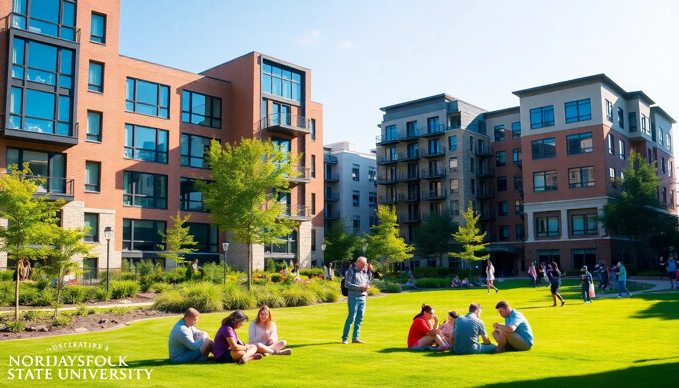 diverse students socializing in front of Norfolk State University housing.