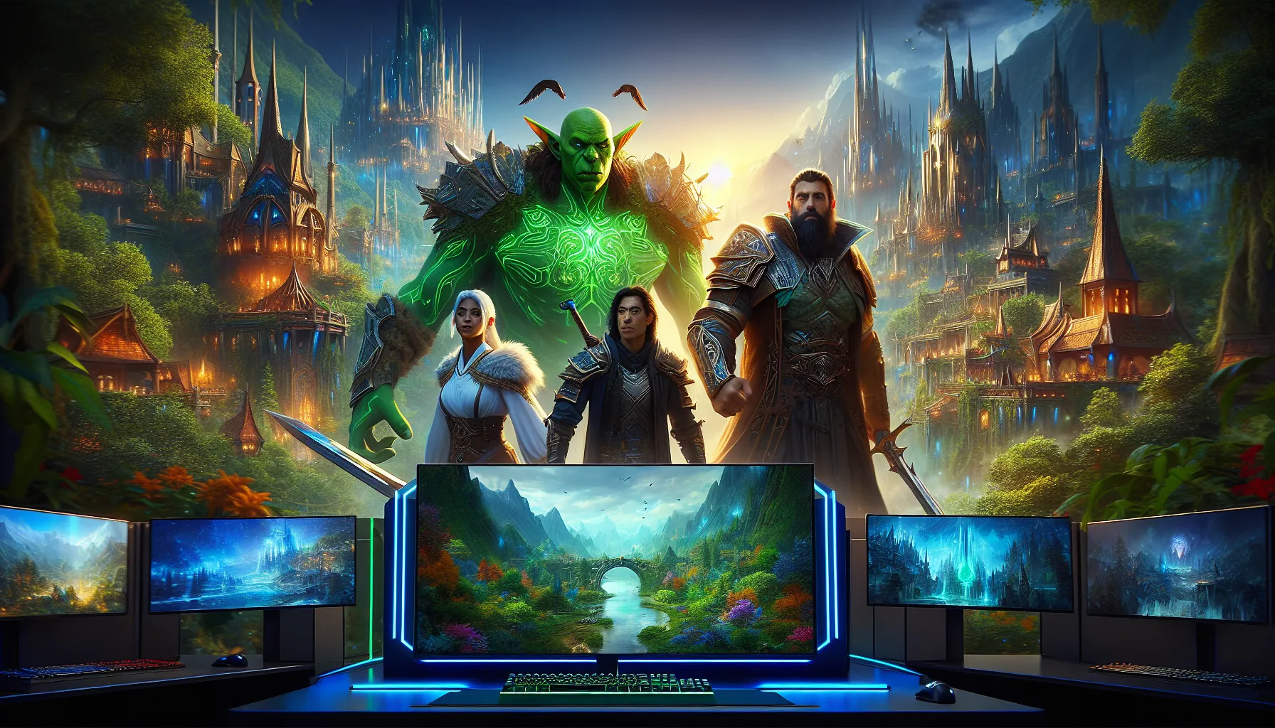diverse players engaging with World of Warcraft on PS5 in a scenic setting.