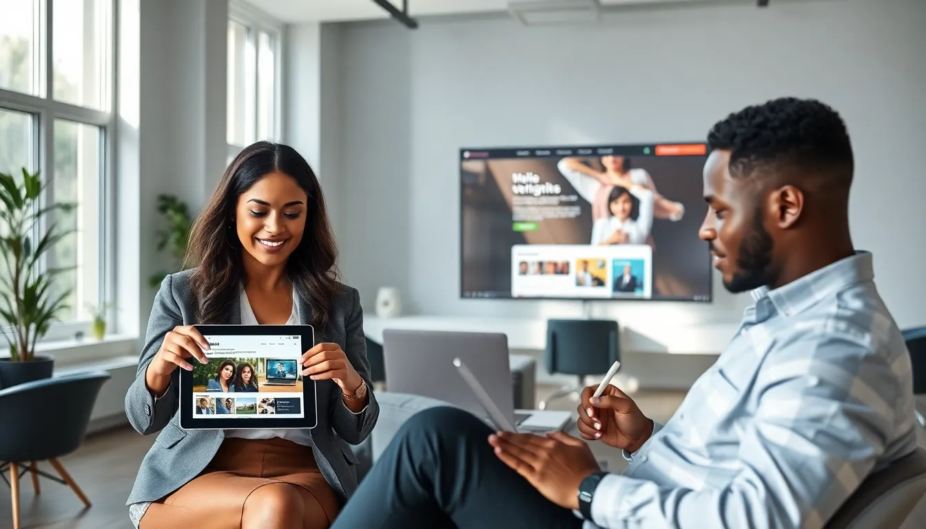 diverse professionals collaborating around digital devices in a modern workspace.