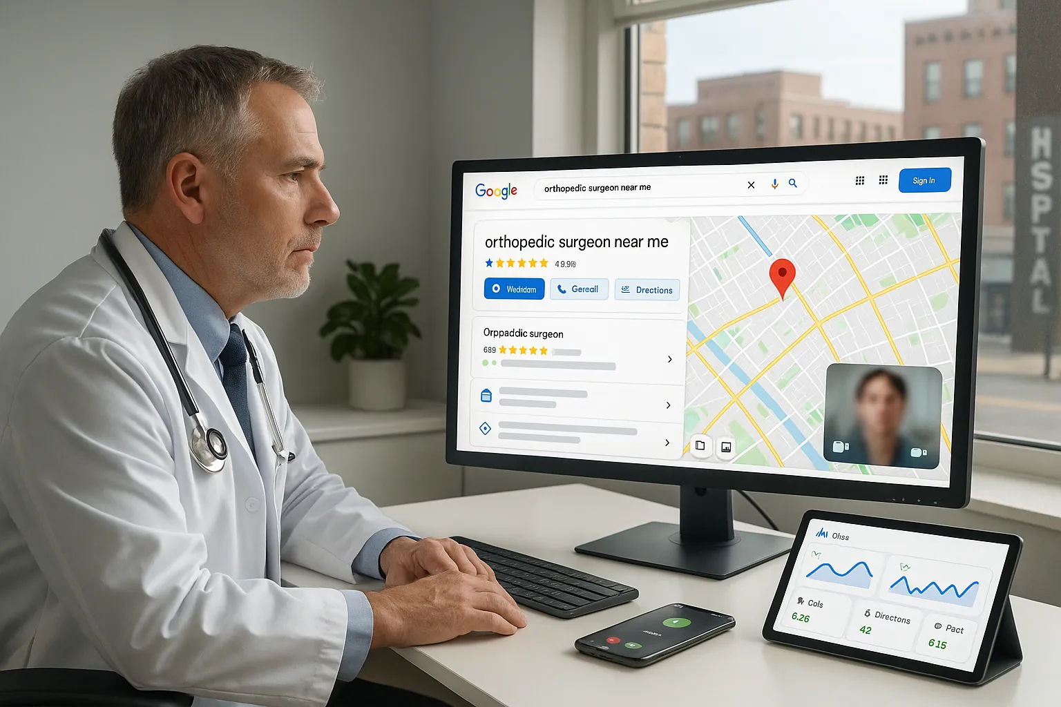 Doctor reviewing Google Maps and online reviews to improve local SEO presence.