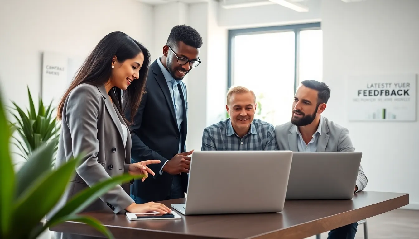 professionals discussing a contact form in a modern office