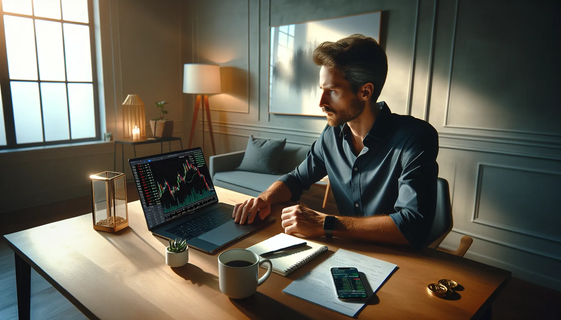 Professional analyzing Floki Inu cryptocurrency trading chart on laptop at home office desk.