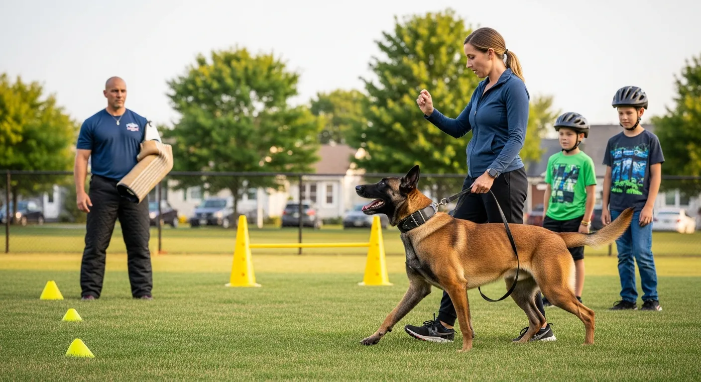 Calm protection dog heels beside owner near trainer with bite sleeve in park.