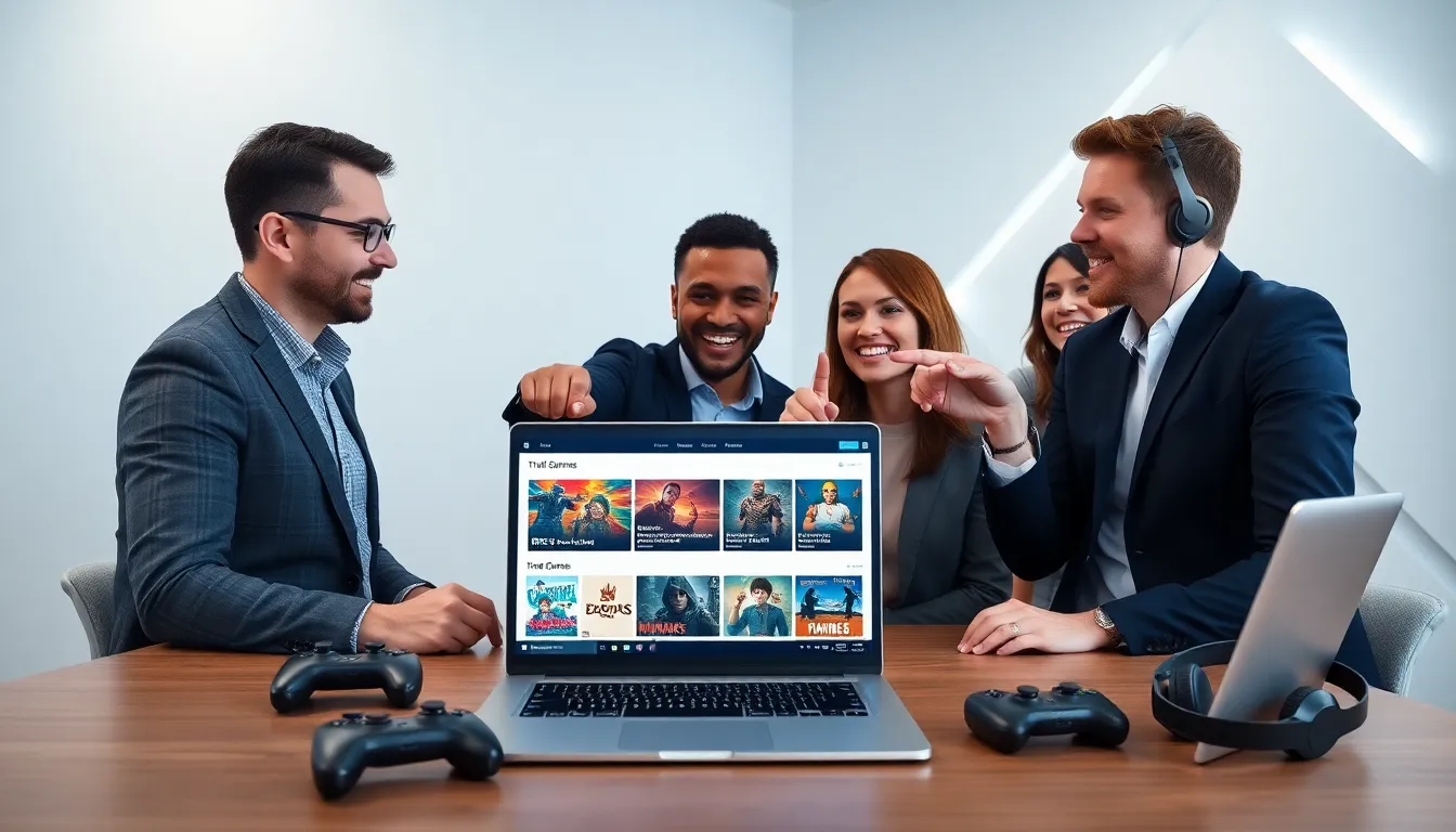 Professionals discussing game reviews on a laptop in a modern office.