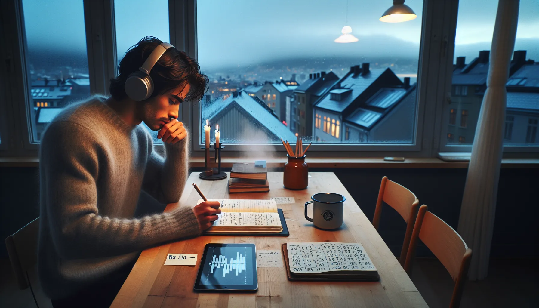 De beste metodene for å lære språk 2 Norwegian learner sets smart language goals during a rainy early-morning study ritual.