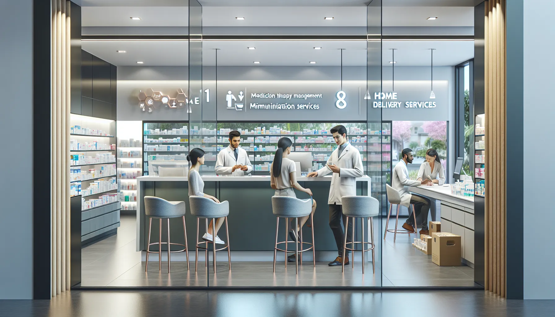 pharmacists assisting patients in a modern pharmacy setting.