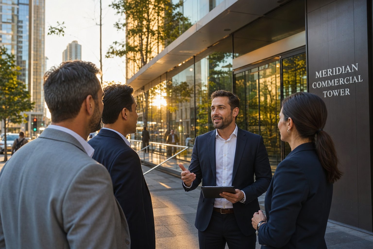 Professional commercial mortgage consultation outside a modern office building in a clean city business district at golden hour.
