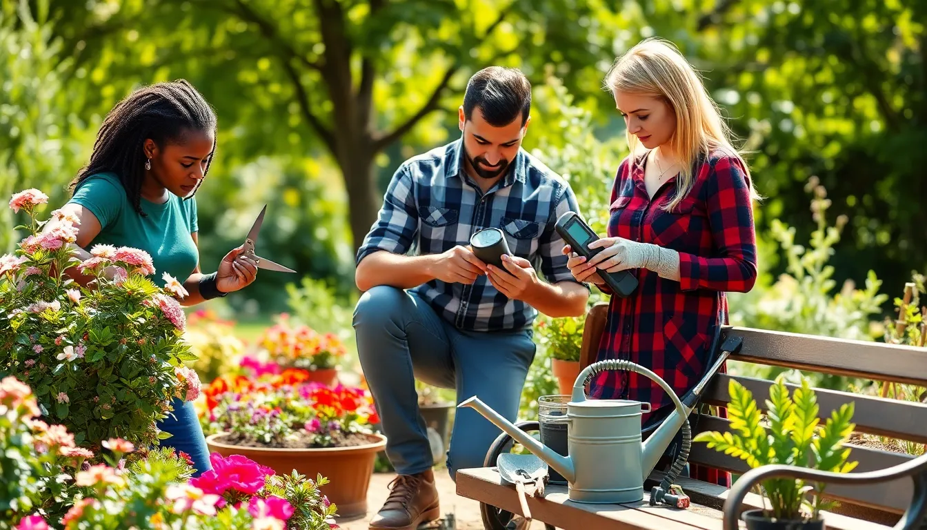 diverse group of gardeners using essential gardening gadgets in a bright garden.
