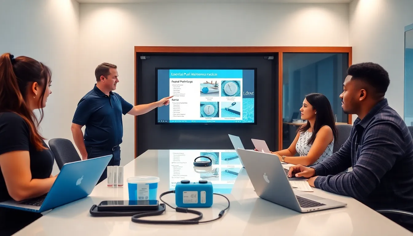 professionals in a modern classroom learning about pool maintenance.