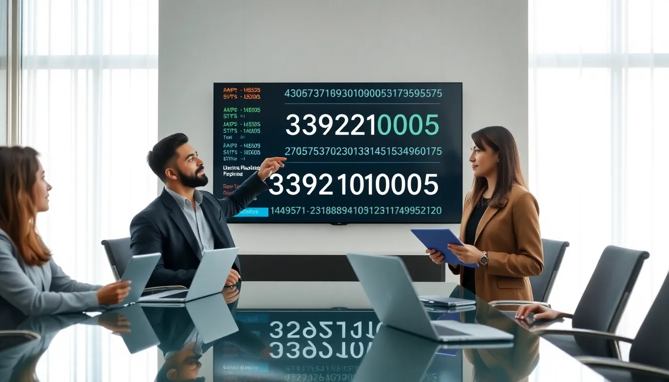 diverse team discussing data in a modern office setting.