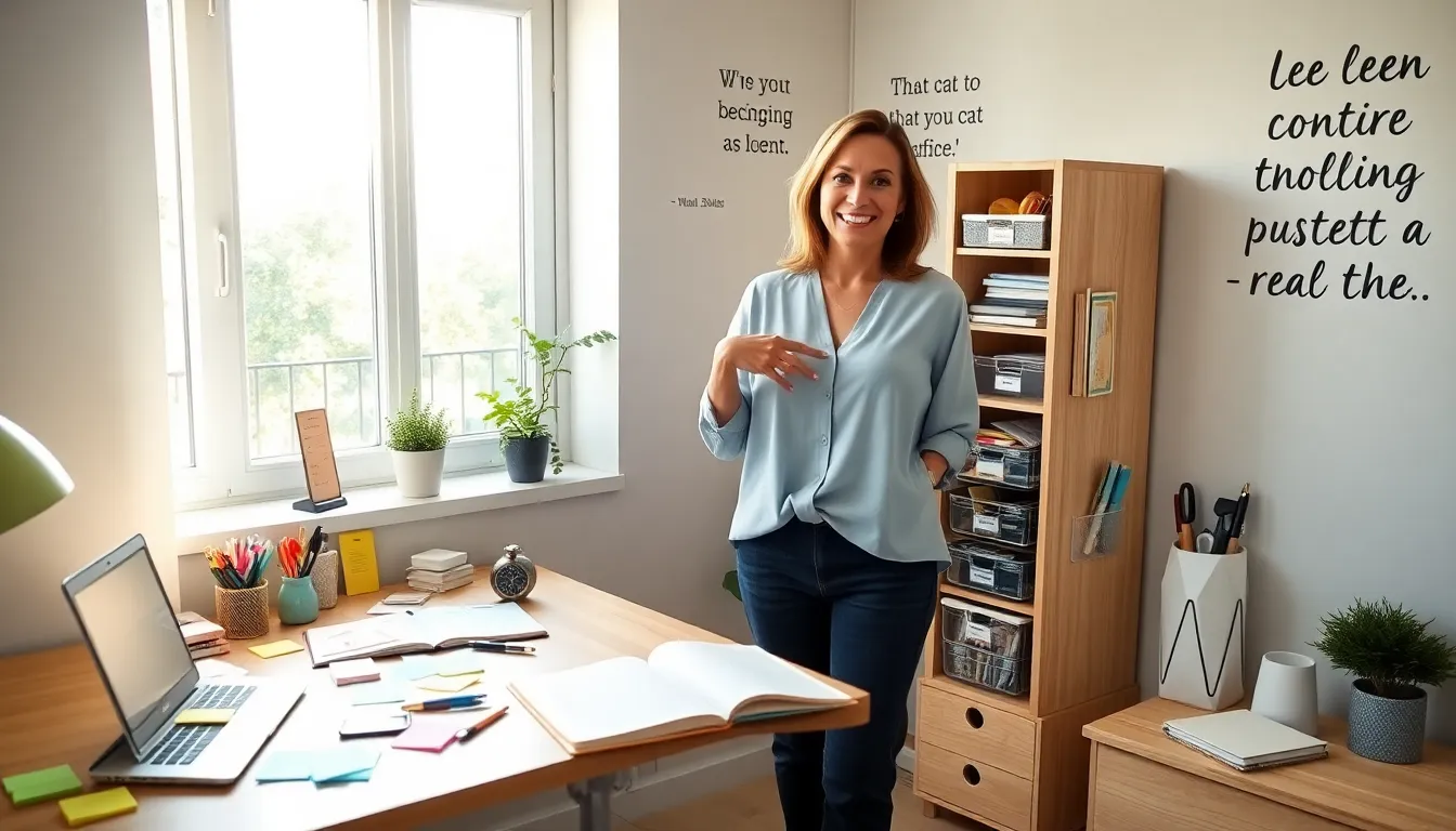 a woman demonstrating organization hacks in a sunlit home office.