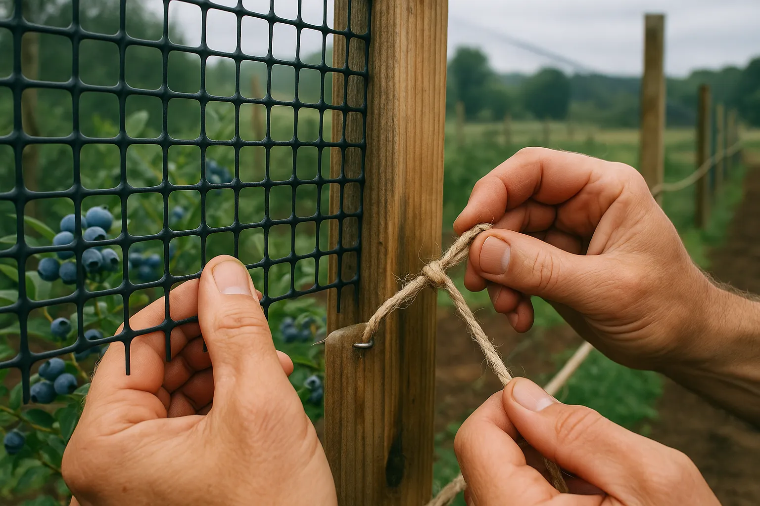 Hands comparing black plastic mesh and frayed sisal twine on a blueberry farm.