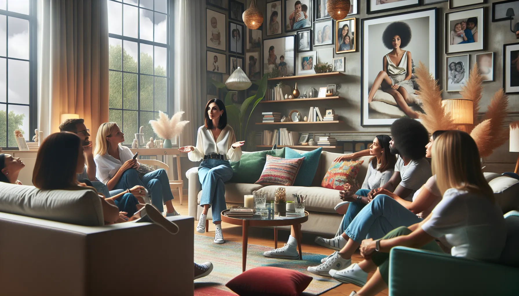 Chelsea Acton engaging with diverse parents in a modern living room.