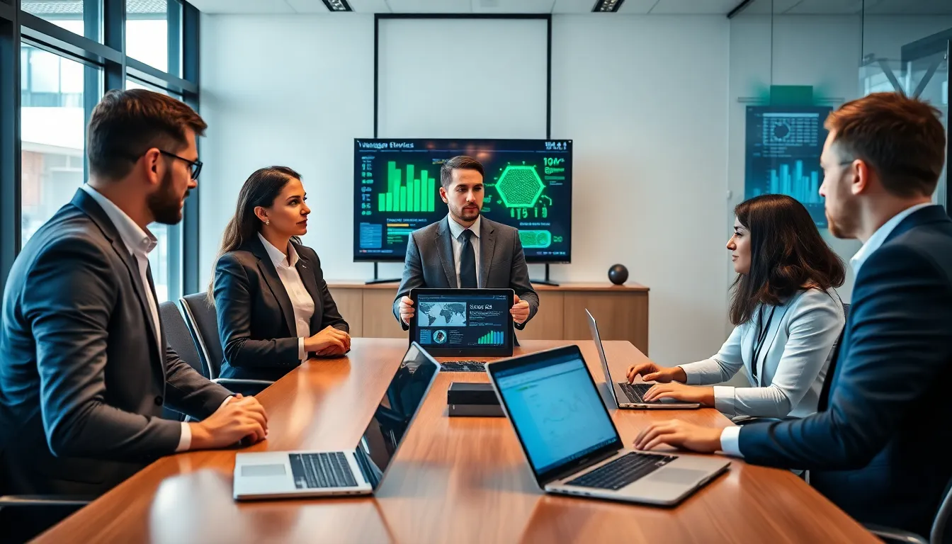 diverse cybersecurity experts in a modern office meeting.