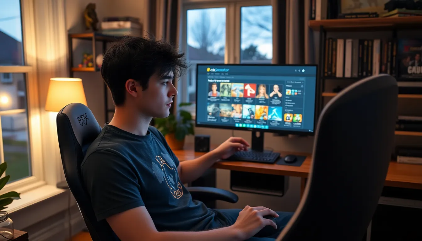 a focused gamer using Http//ck2generator.com in a cozy home office.