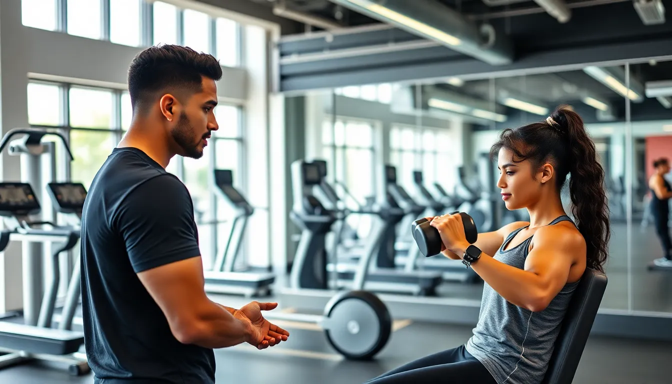 personal trainer assisting a client in a modern gym setting.