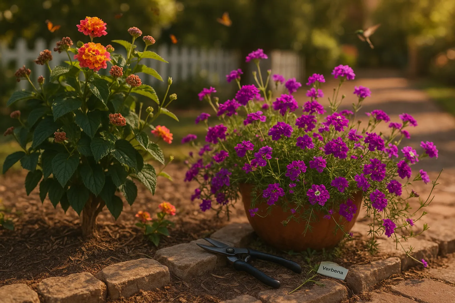 Lantana shrub beside trailing verbena in a sunny suburban garden