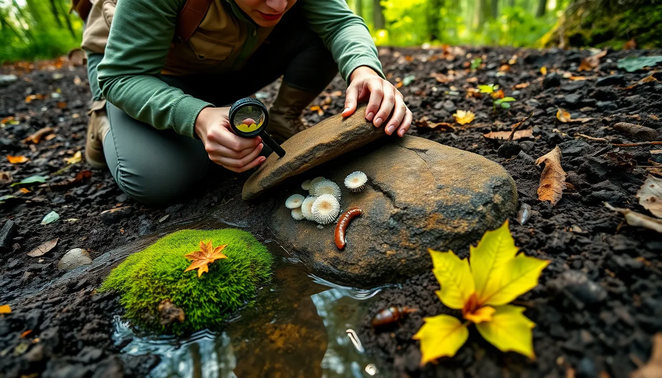 Ecologist examines mossy microhabitat under a rock in a temperate US landscape.